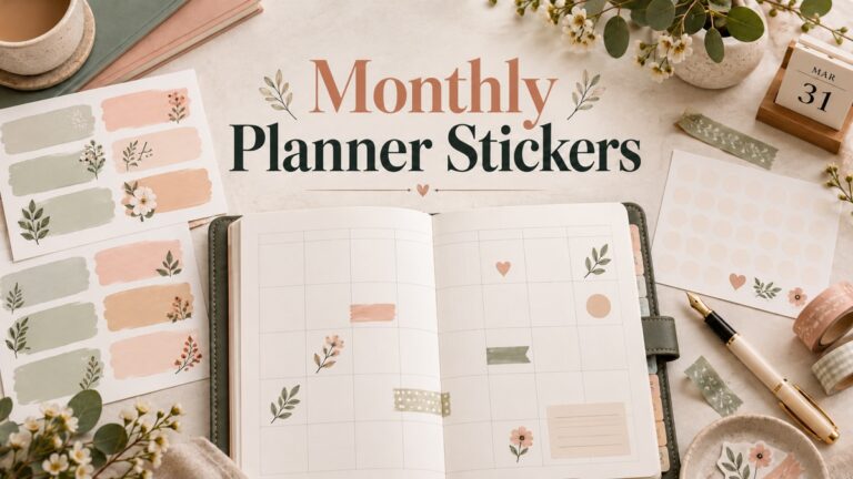 Monthly Planner Stickers with realistic planner and themed supplies