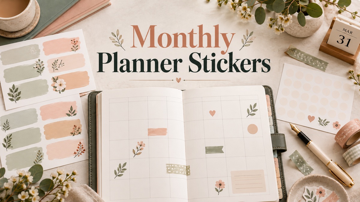 Monthly Planner Stickers with realistic planner and themed supplies