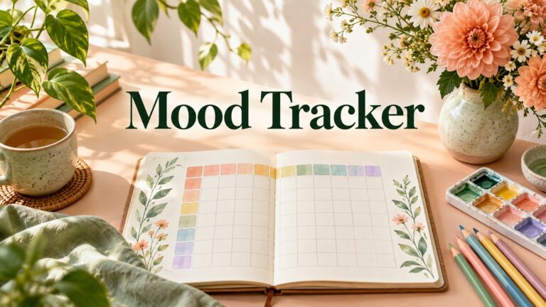 Mood Tracker cover with realistic journal and themed objects