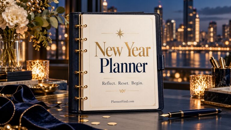 New Year Planner in navy and gold with a fountain pen and festive lights