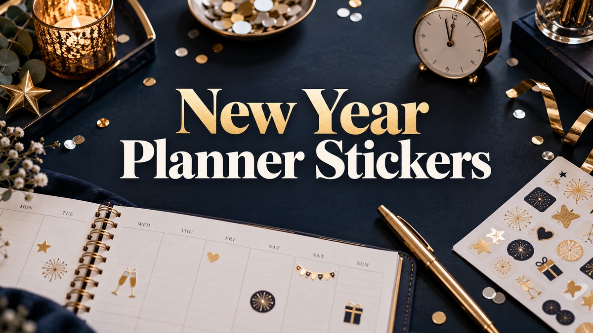 New Year Planner Stickers with realistic planner and themed stationery