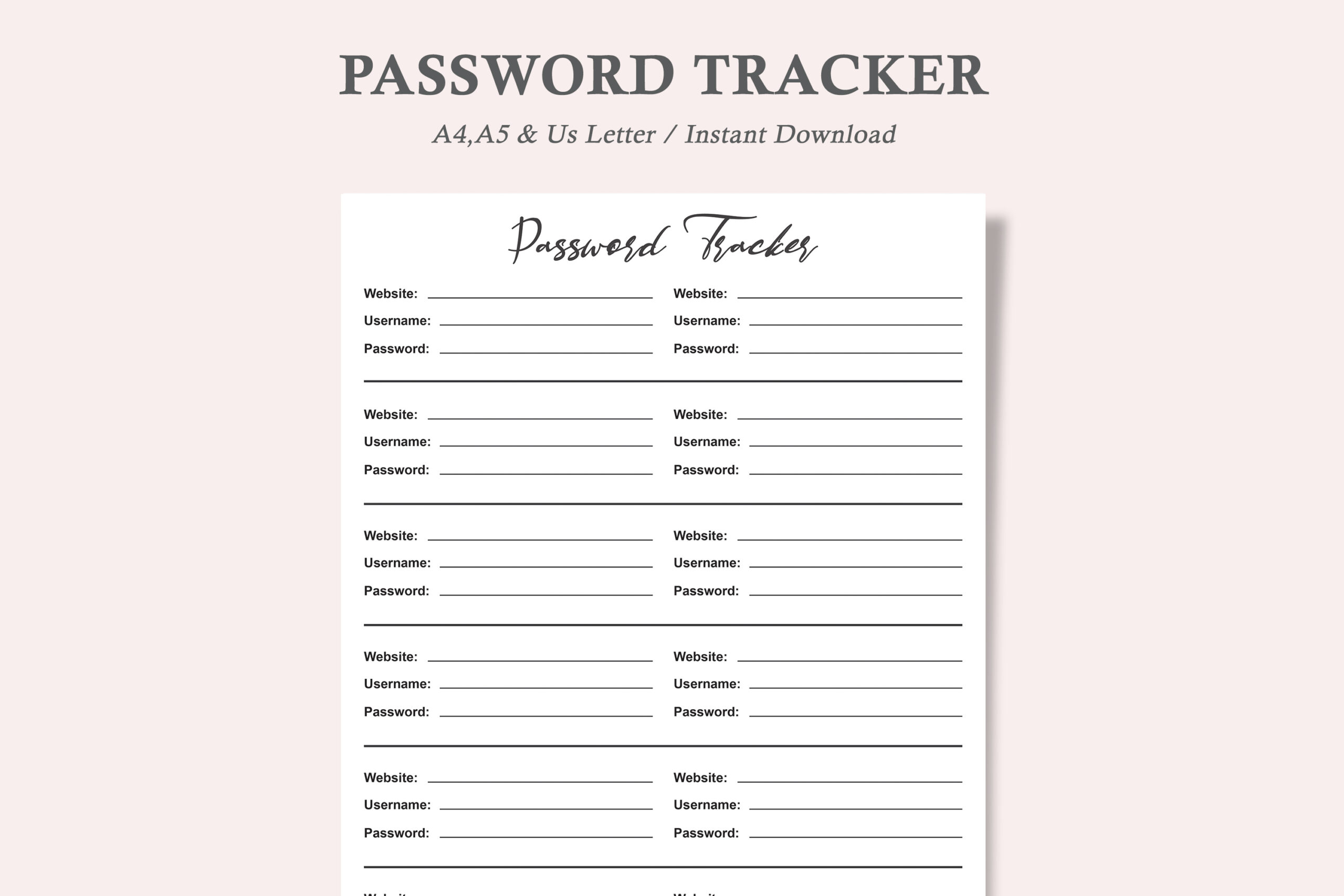 Password Tracker: Password Tracker Kit: Minimalist Binder Sheet