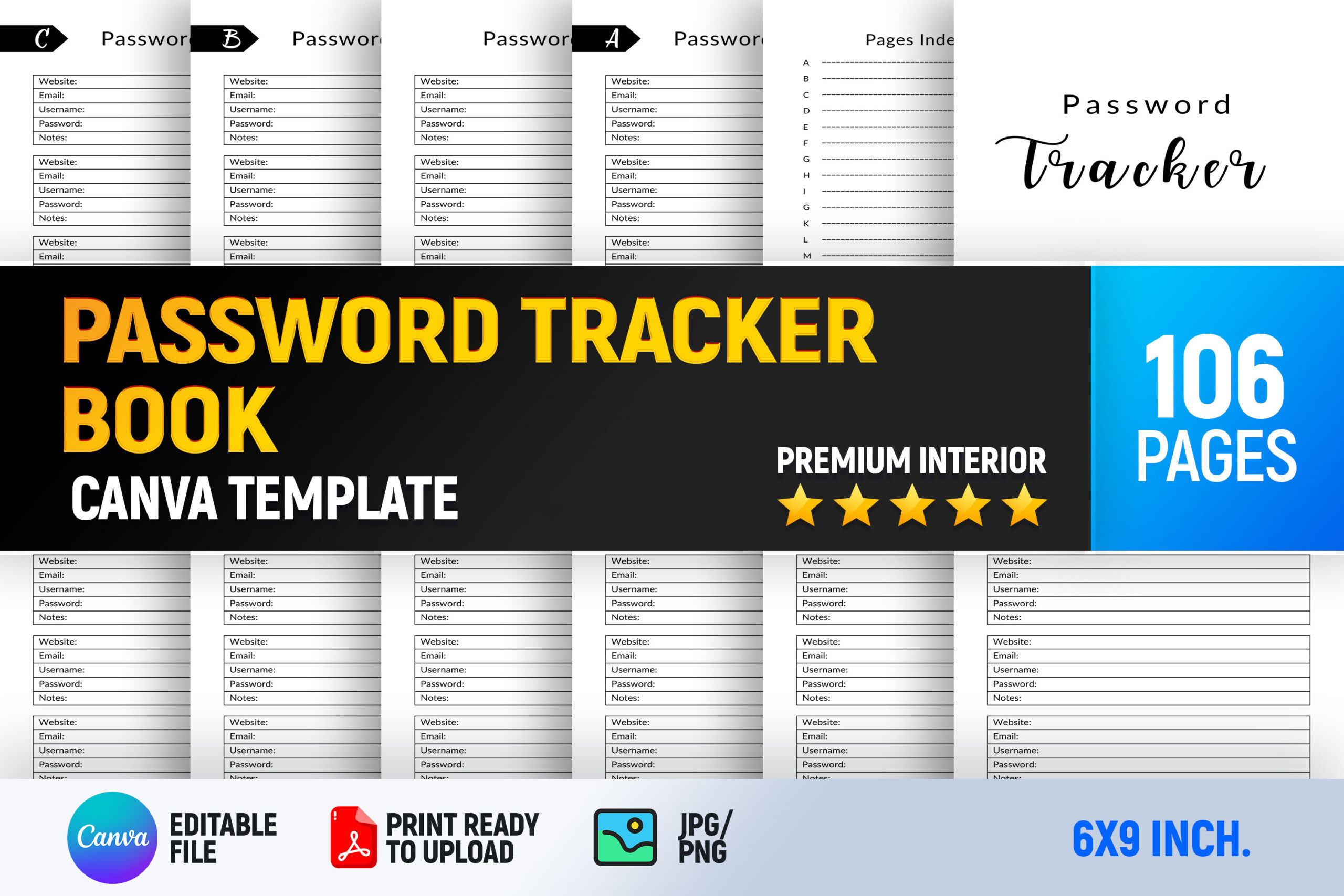 Password Tracker: Password Tracker Book: 106-Page Canva Template