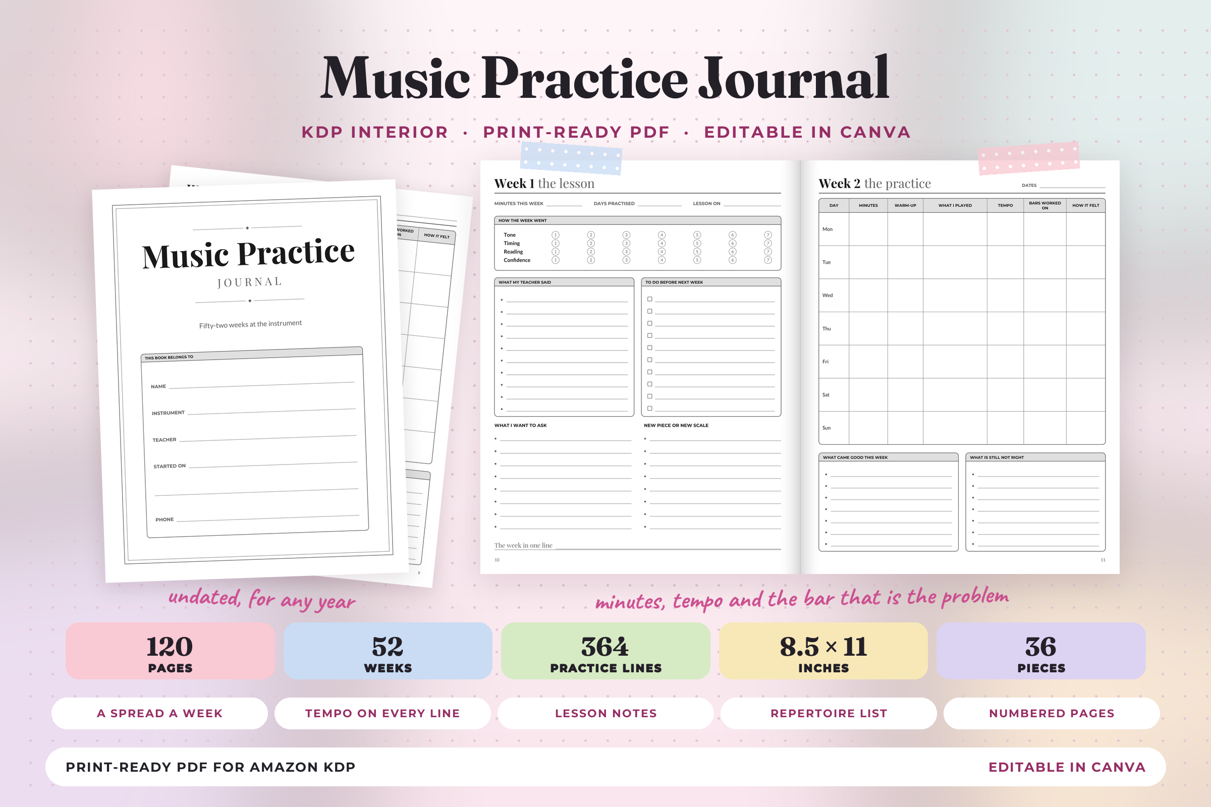 music practice journal: 52-Week Journal with Detailed Practice Spreads original product preview
