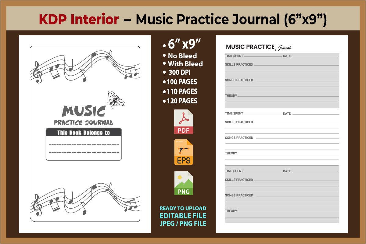 music practice journal: Small Journal with Bleed and No-Bleed Versions original product preview