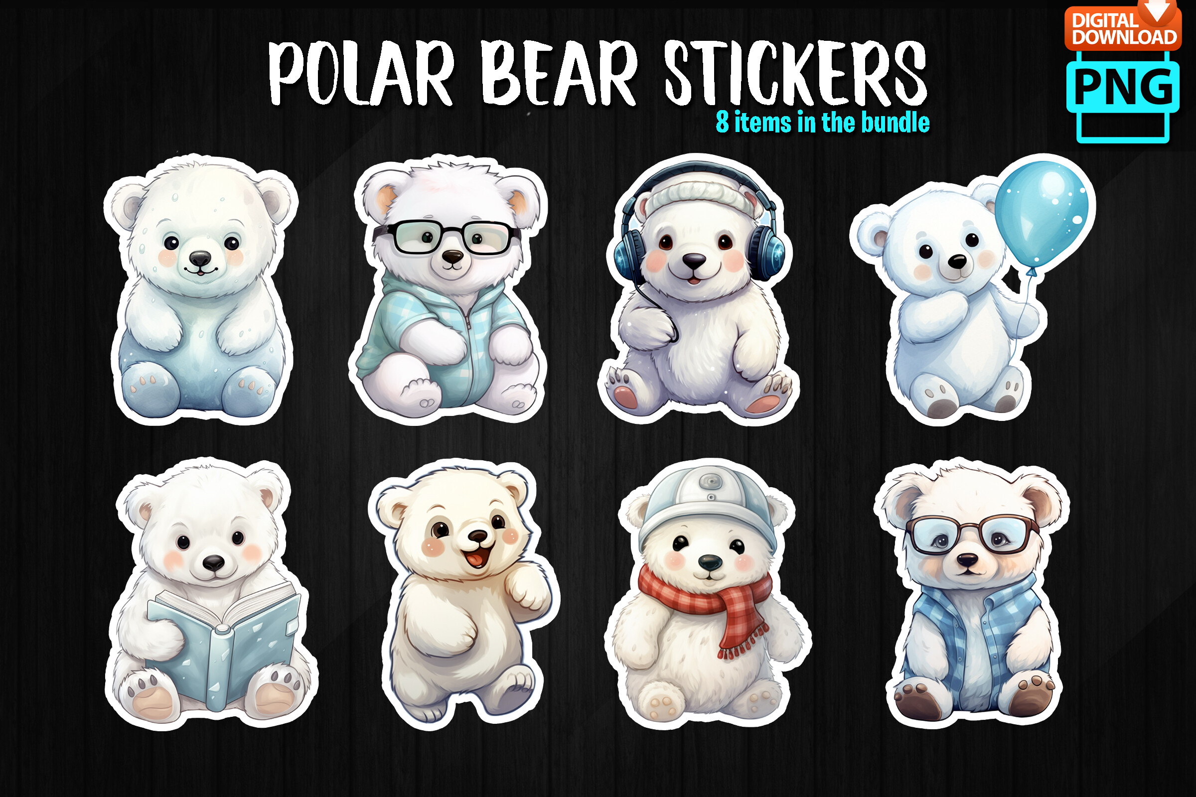 polar bear stickers: Eight Polar Bear PNG Stickers original product preview