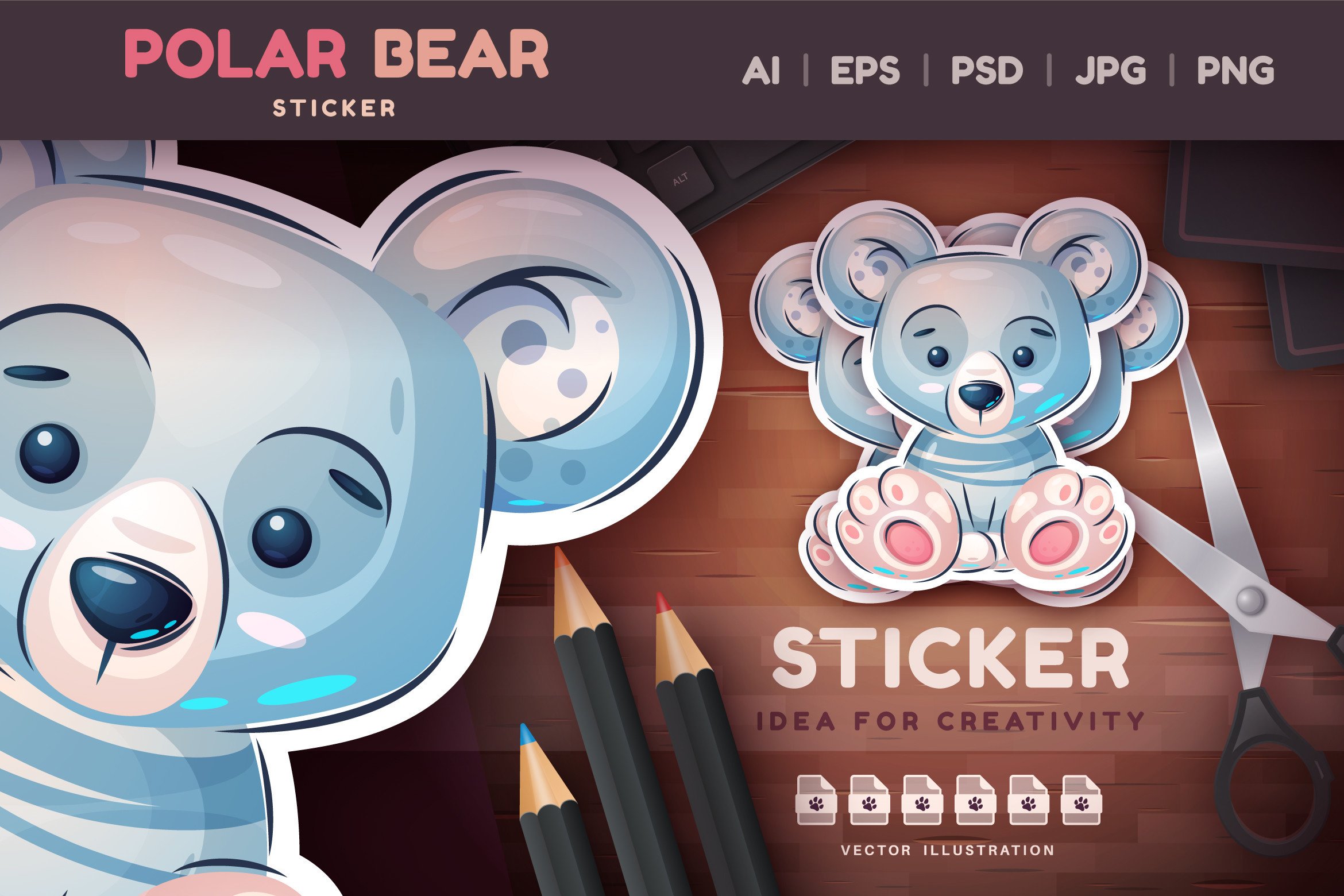 polar bear stickers: Cartoon Polar Bear with Editable Source Files original product preview