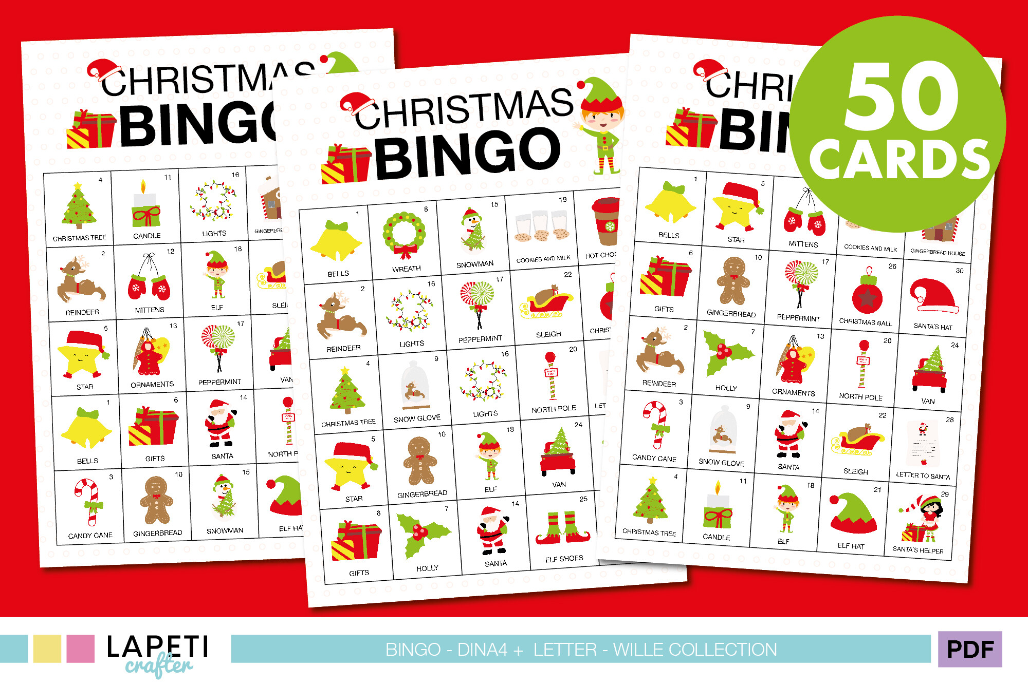 christmas bingo cards: Fifty Unique Family Christmas Bingo Cards original product preview