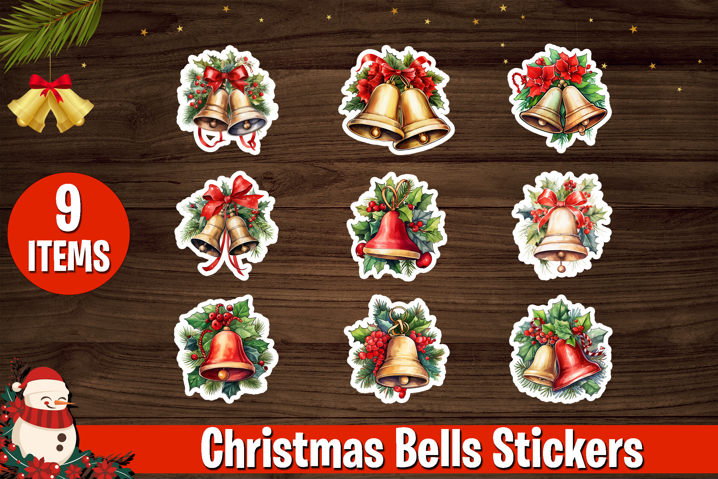 christmas bell stickers: Nine Christmas Bell PNG Stickers original product preview