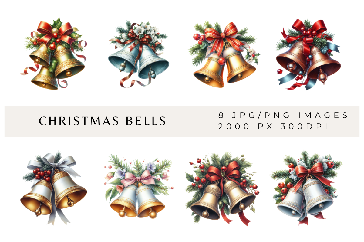 christmas bell stickers: Eight Bell Designs with PNG and JPEG Versions original product preview