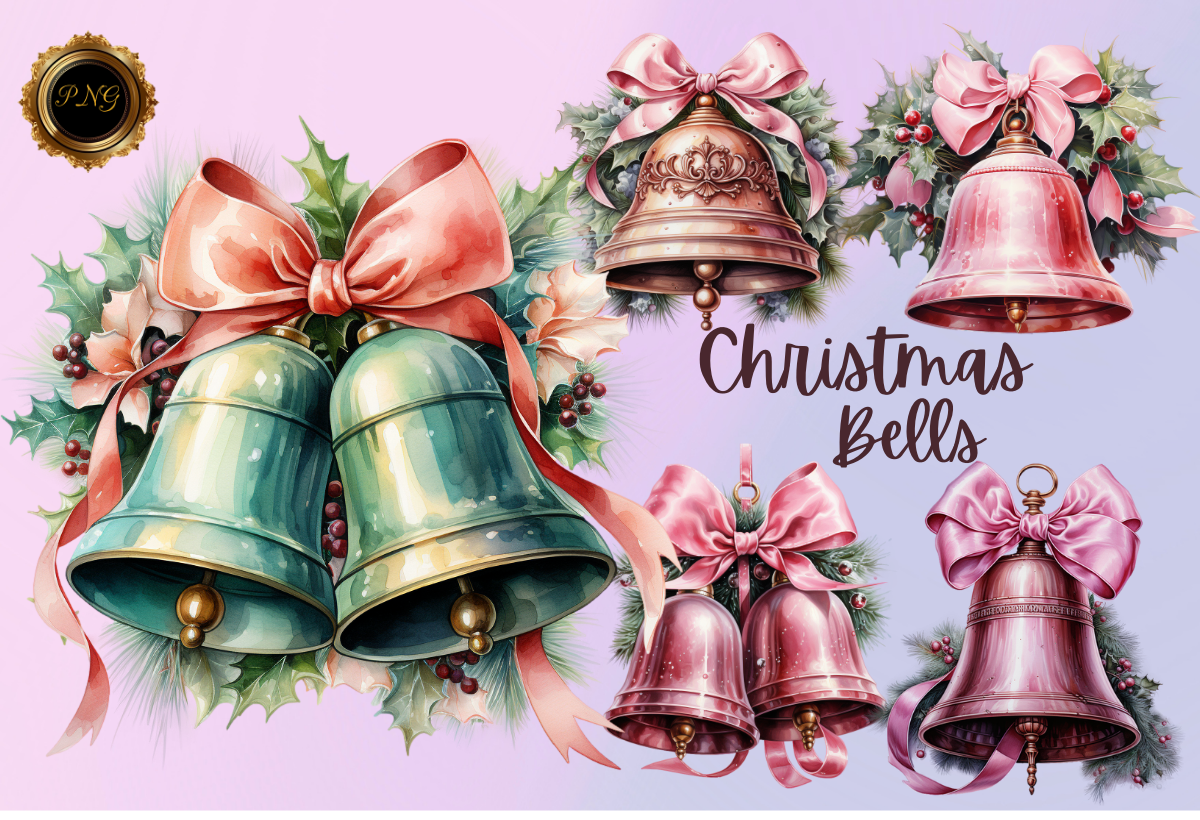 christmas bell stickers: Five Large Christmas Bell PNG Elements original product preview