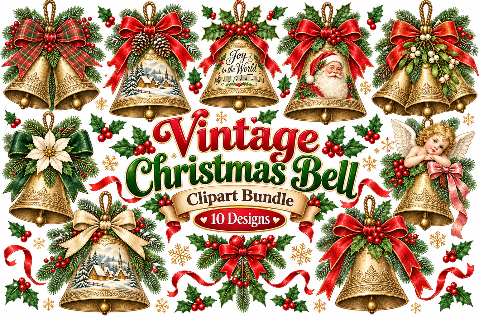 christmas bell stickers: Ten Vintage Christmas Bell PNG Designs original product preview