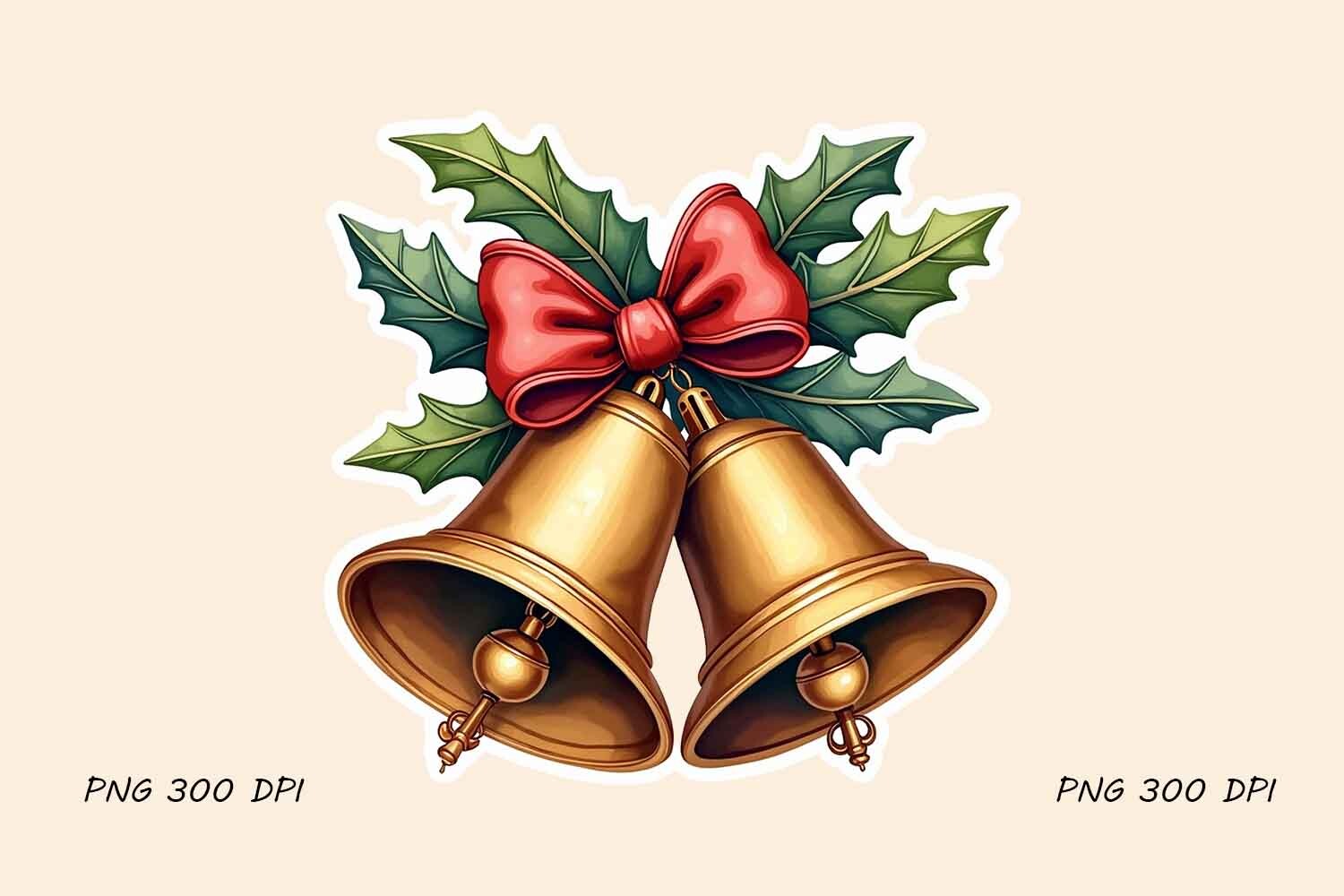 christmas bell stickers: Golden Christmas Bells with a Holly Bow original product preview