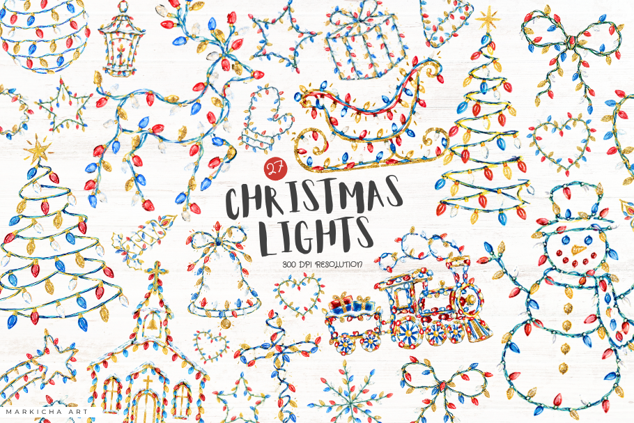 christmas lights stickers: 27 Watercolor Light PNGs by Markicha Art original product preview