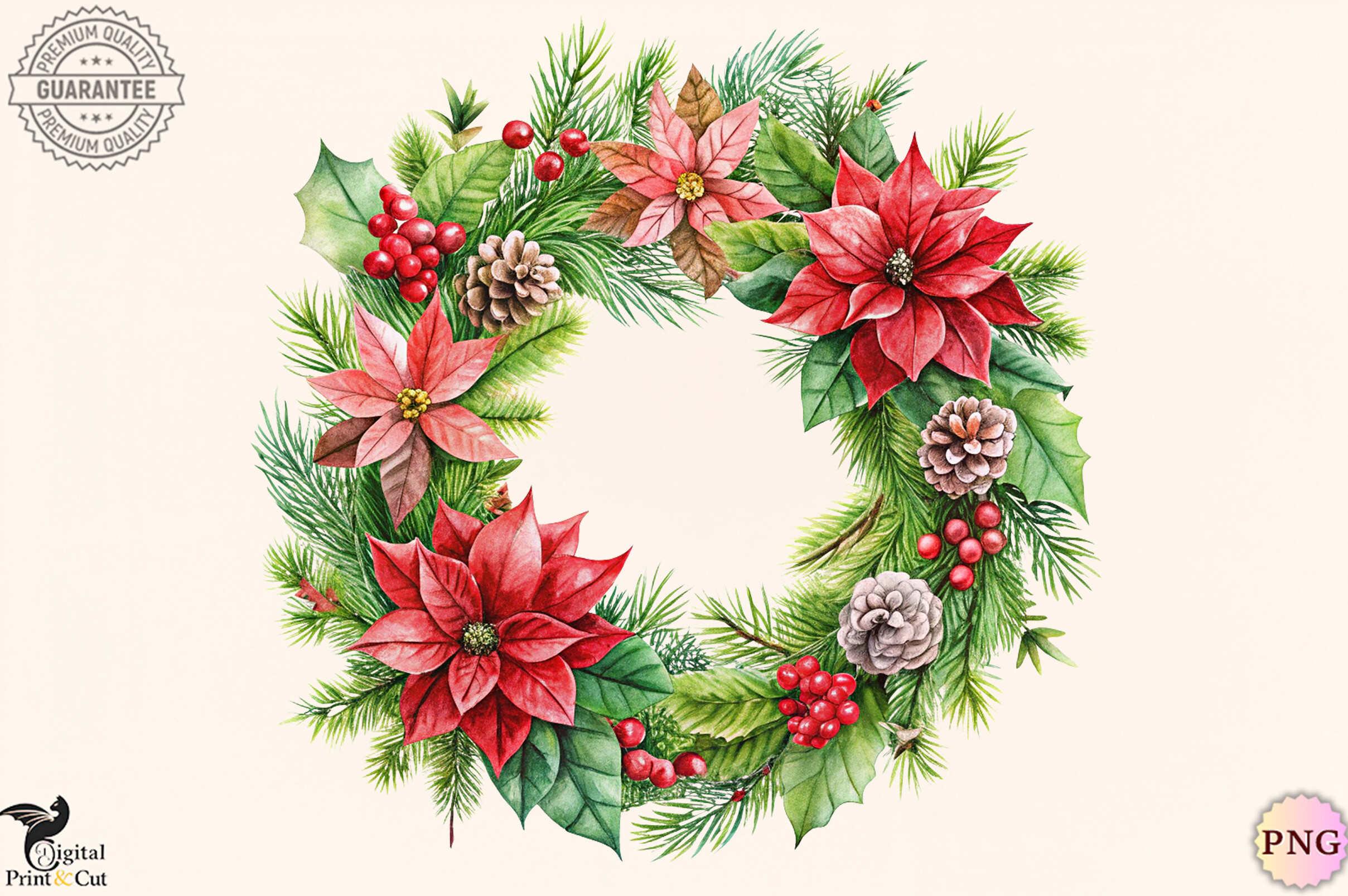 christmas wreath stickers: Pinecone and Poinsettia Wreath by Digital Print & Cut original product preview