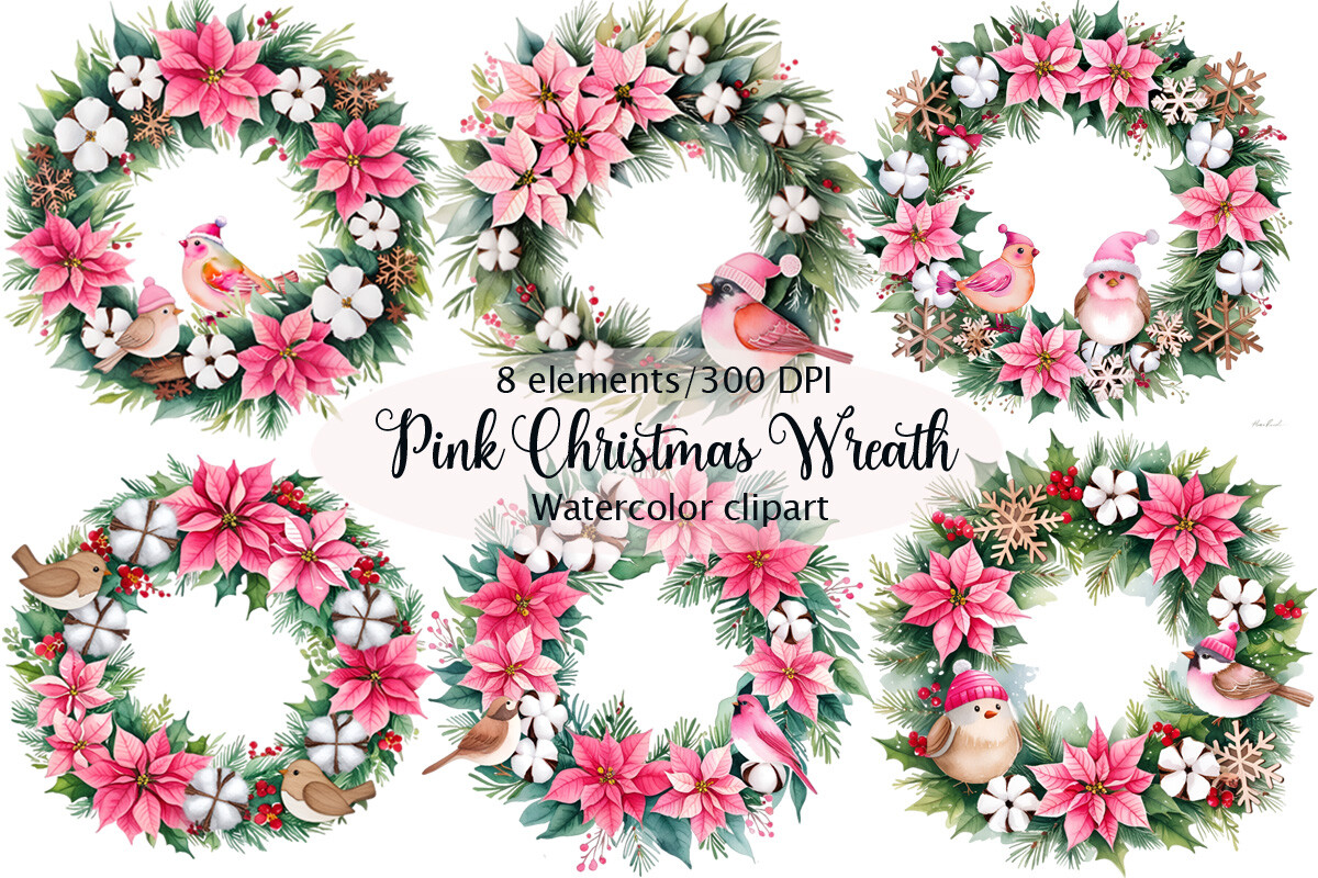 christmas wreath stickers: Eight Pink Watercolor Wreaths by NataClipArts original product preview