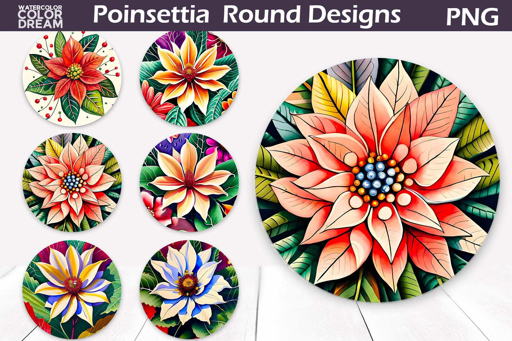 poinsettia stickers: Round Poinsettia Composition PNGs original product preview