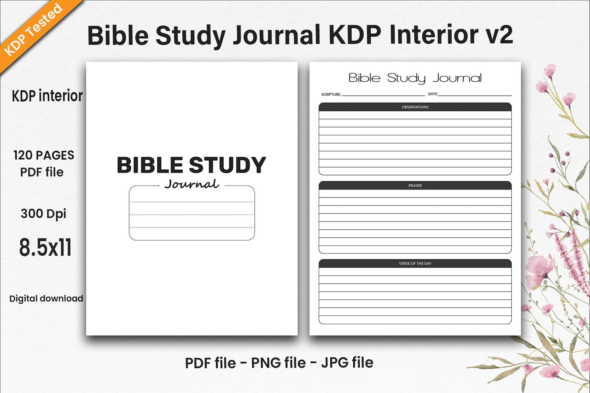 bible study journal templates: A 120-Page Letter-Size PDF Interior original product preview