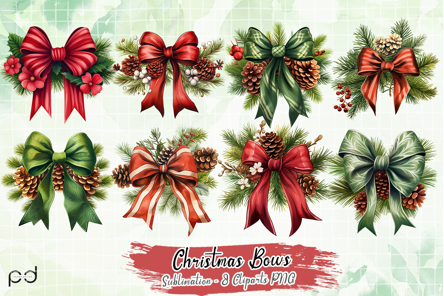 christmas bow stickers: Christmas Bows with Greenery in PNG Format original product preview