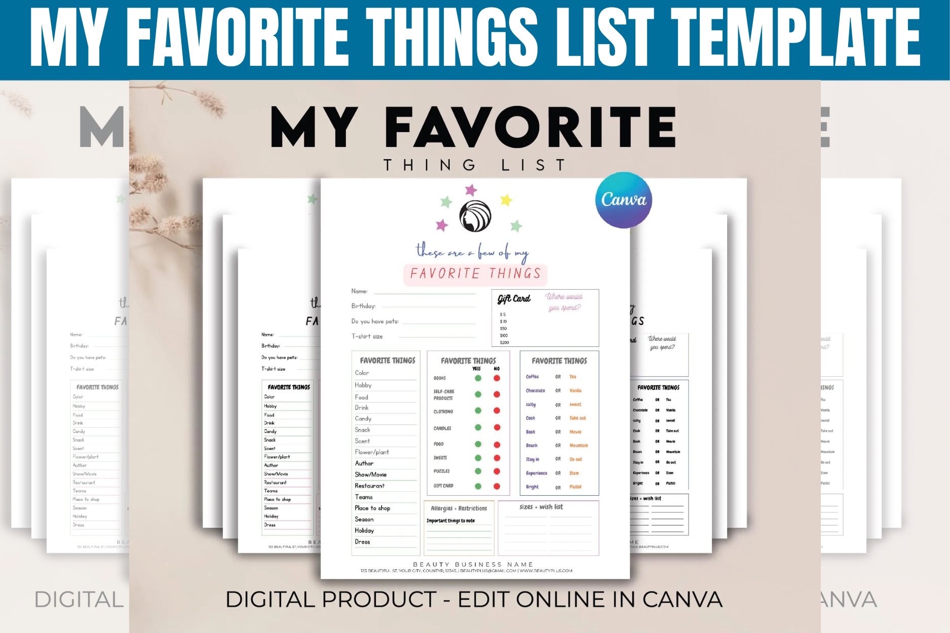secret santa questionnaire templates: Favorite Things Survey with Sizes and Dietary Notes original product preview