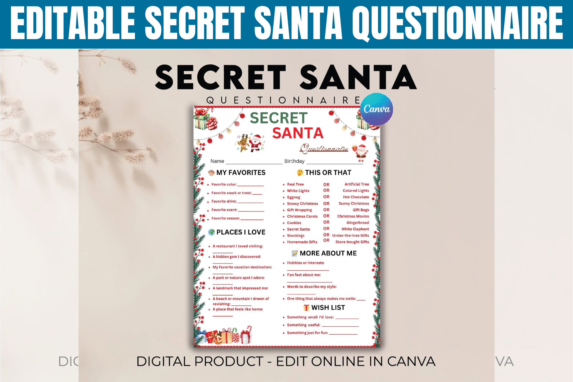 secret santa questionnaire templates: Editable Office Gift Exchange Questionnaire original product preview