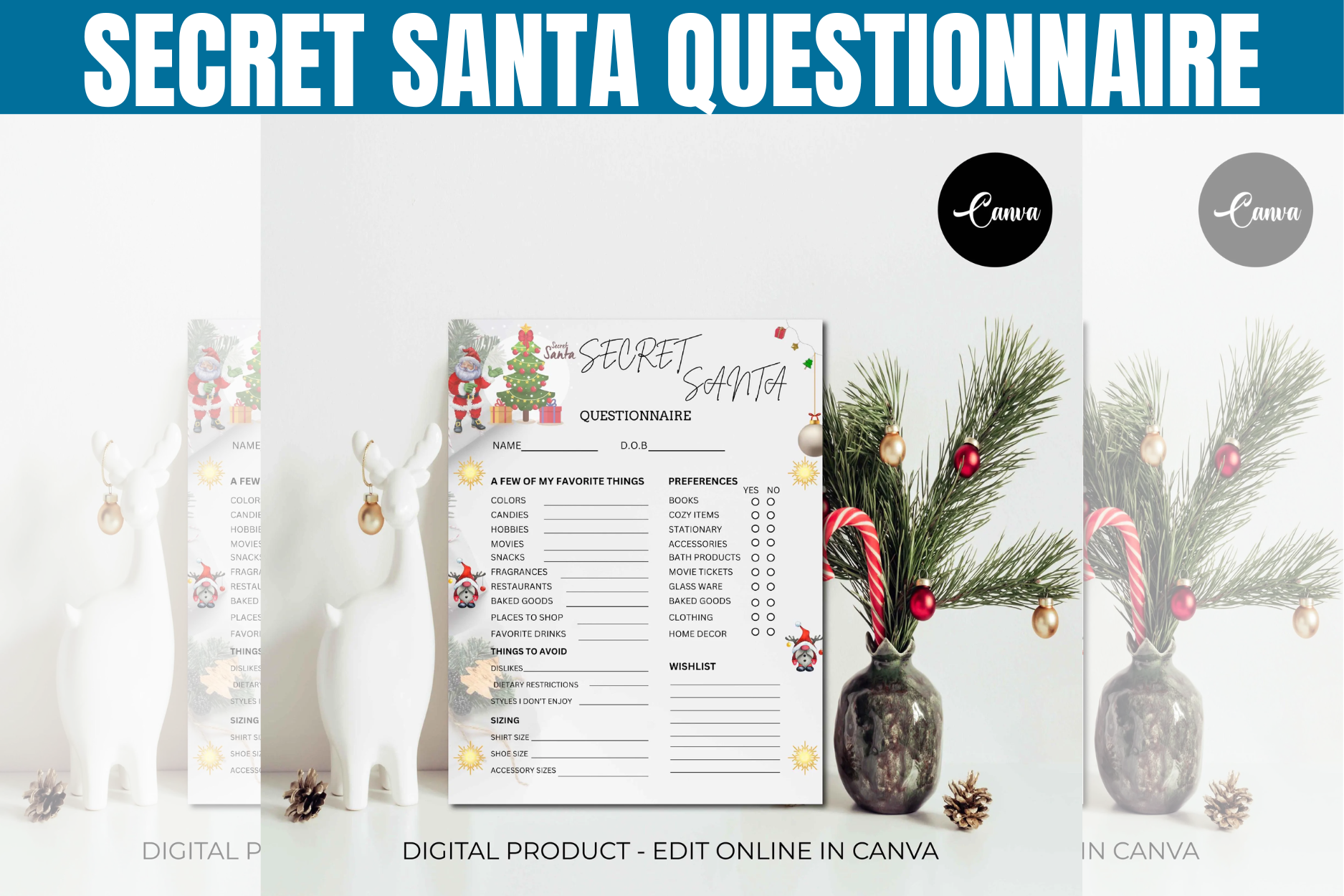 secret santa questionnaire templates: Editable Secret Santa Wish List and Questionnaire original product preview