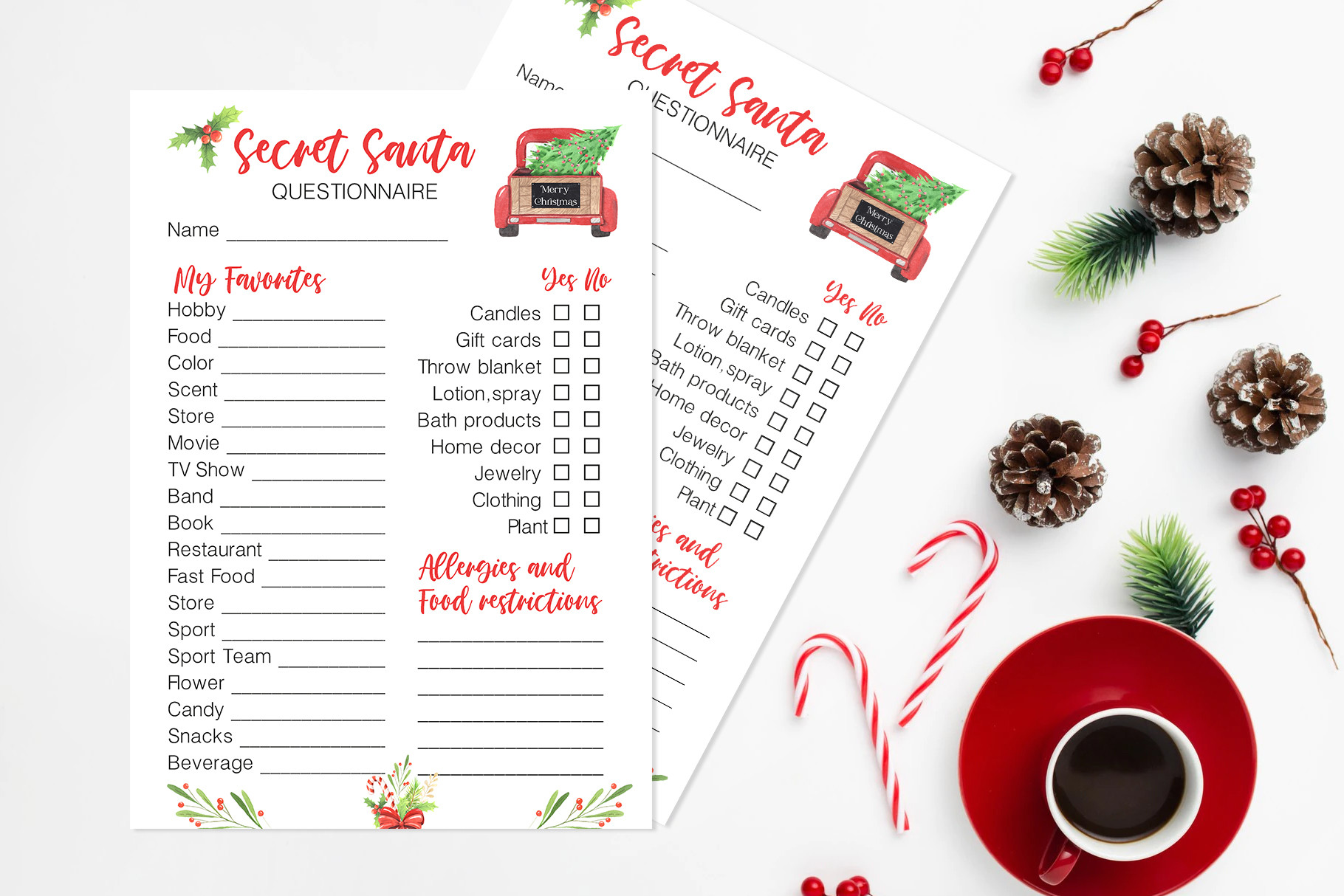 secret santa questionnaire templates: Ready-to-Print Secret Santa Questionnaire JPGs original product preview
