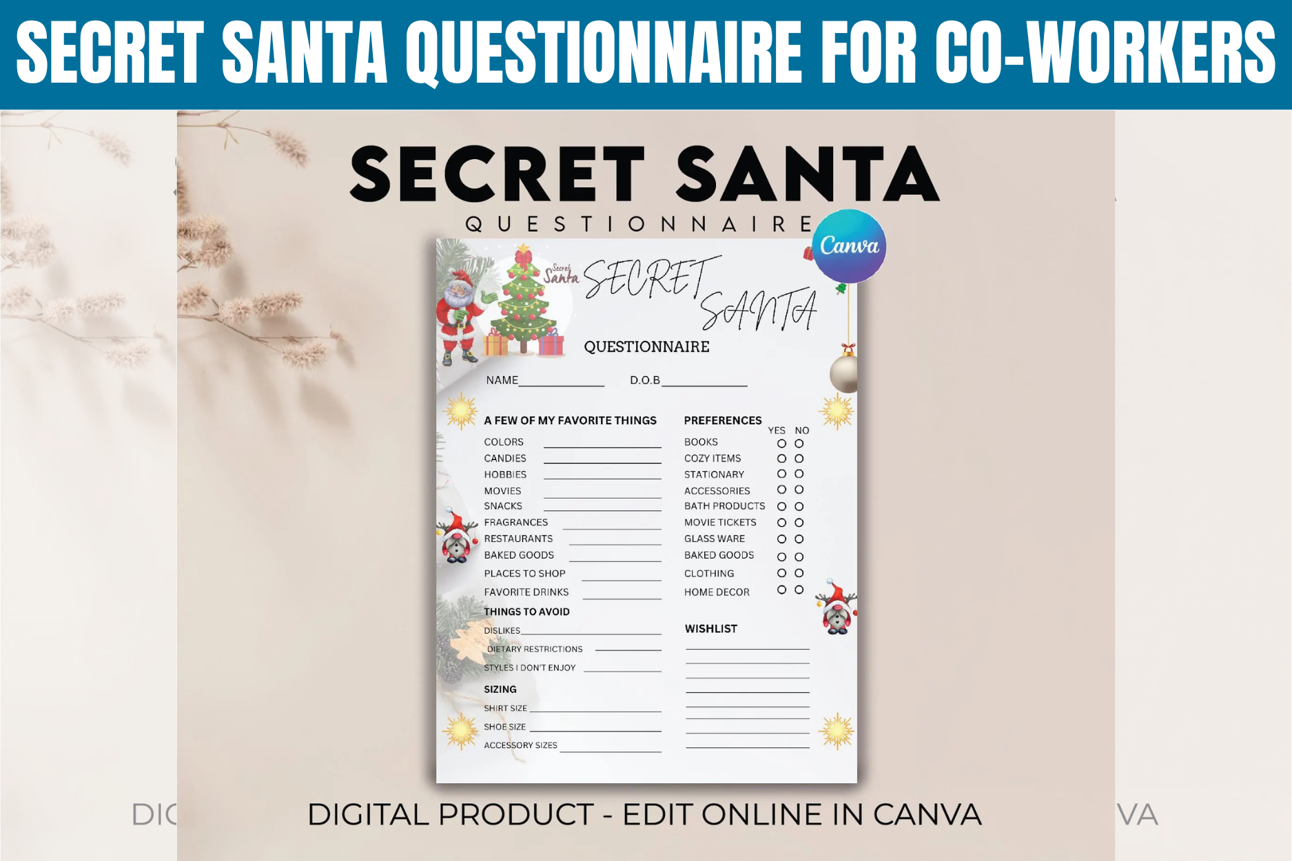 secret santa questionnaire templates: Co-Worker Secret Santa Form with Office Extras original product preview