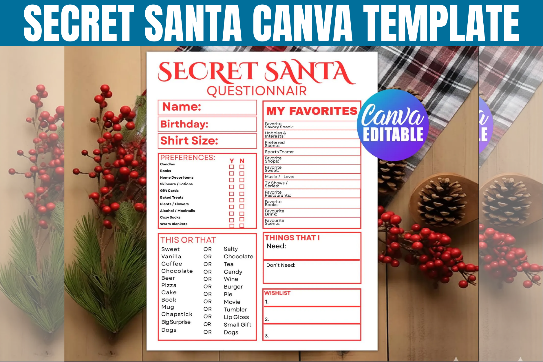secret santa questionnaire templates: Secret Santa Survey with a Bold Red Layout original product preview