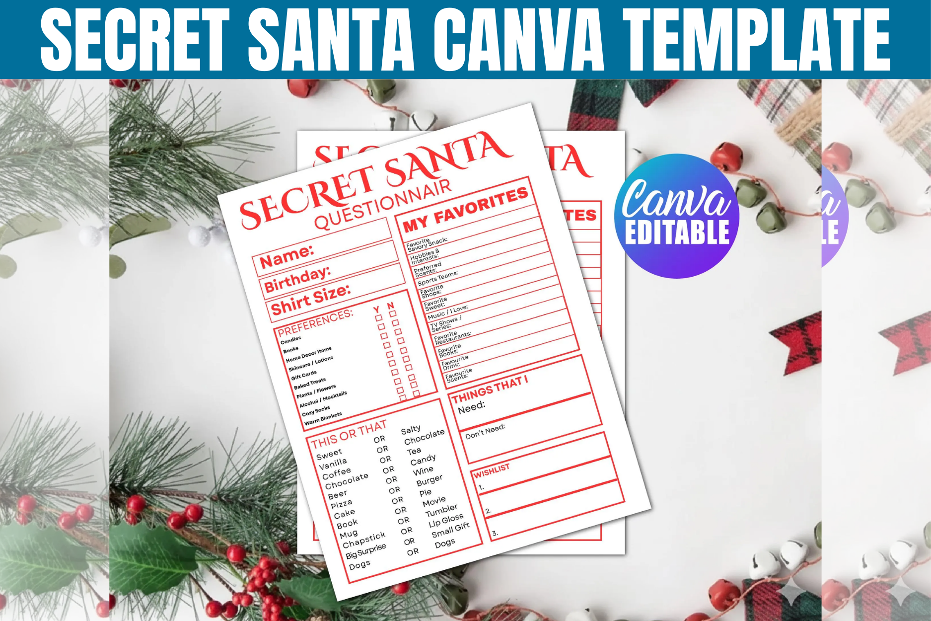 secret santa questionnaire templates: Alternative Canva Secret Santa Favorites Form original product preview
