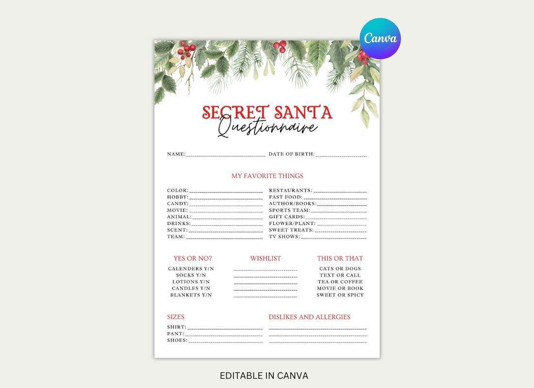 secret santa questionnaire templates: Editable Secret Santa Survey in A4 and Letter original product preview