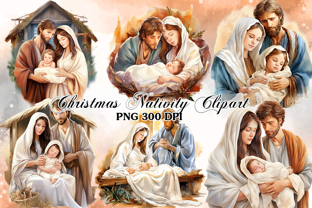 nativity stickers: Seven Christmas Nativity Watercolor PNGs original product preview