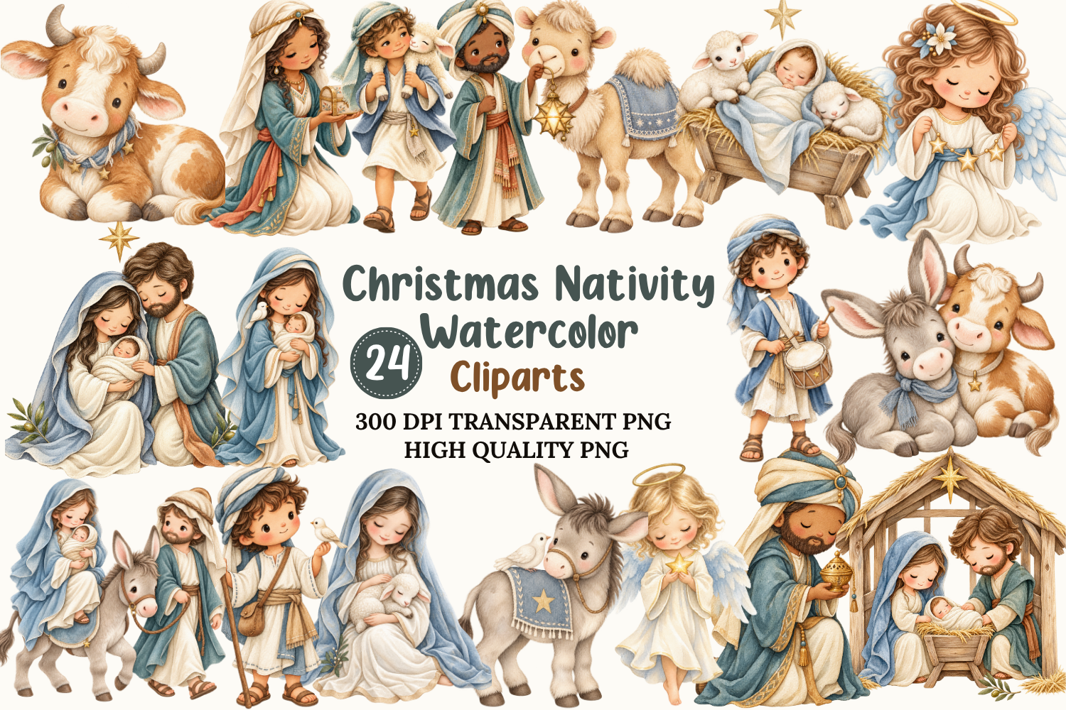 nativity stickers: Twenty-Four Storybook Nativity Watercolor PNG Scenes original product preview