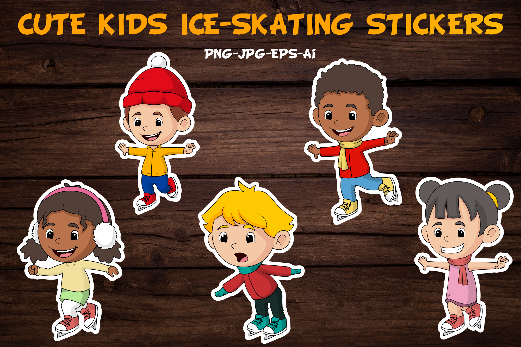 ice skating stickers: Five Cartoon Ice Skating Kids with Vector Files original product preview
