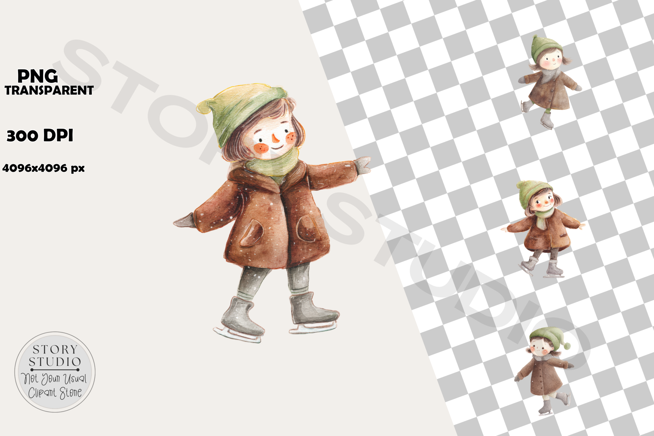 ice skating stickers: Watercolor Winter Child Ice Skating PNG Collection original product preview