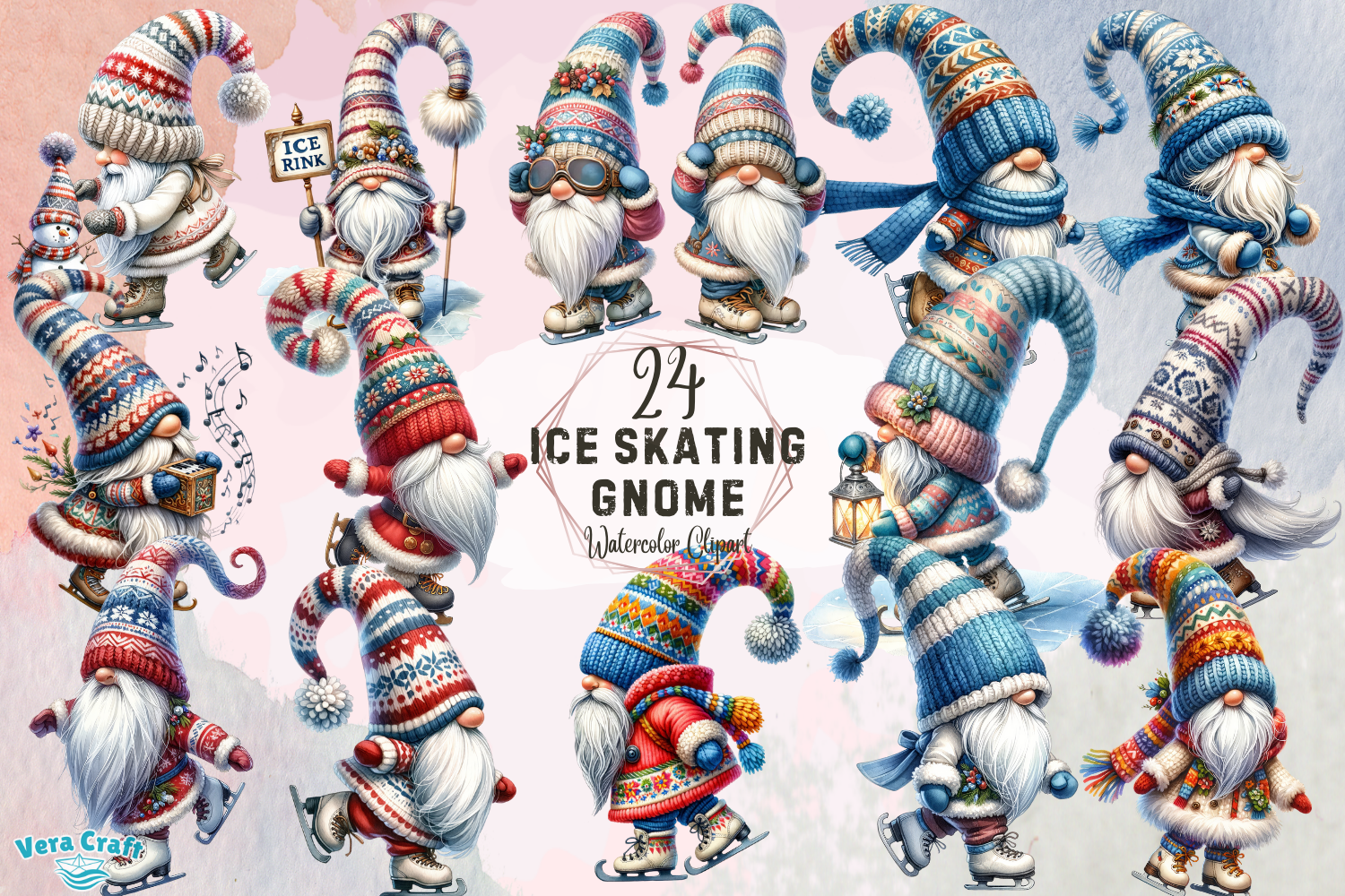 ice skating stickers: Twenty-Four Watercolor Ice Skating Gnome PNGs original product preview