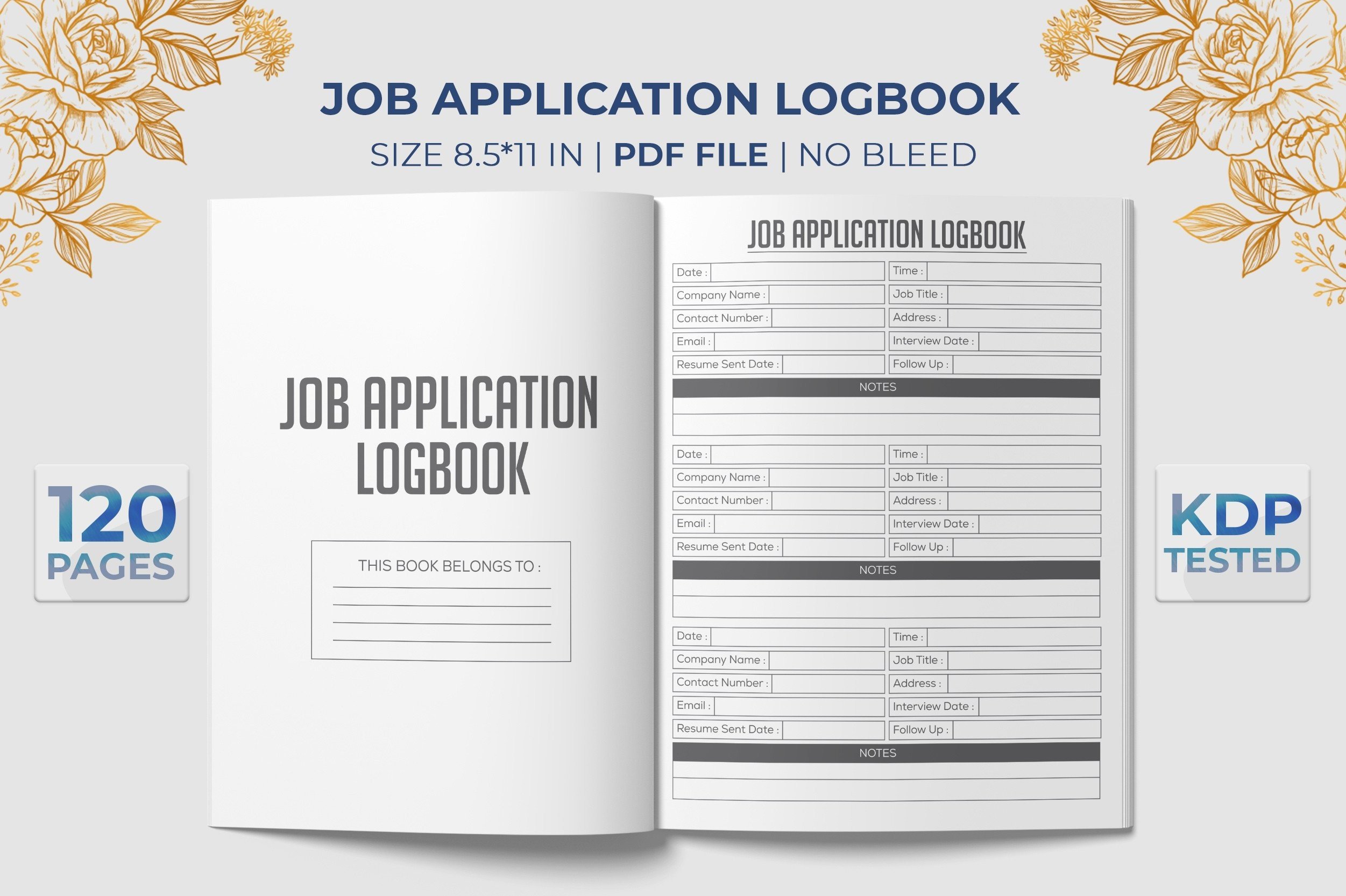 job application tracker templates: Floral Job Application Logbook in US Letter Size original product preview