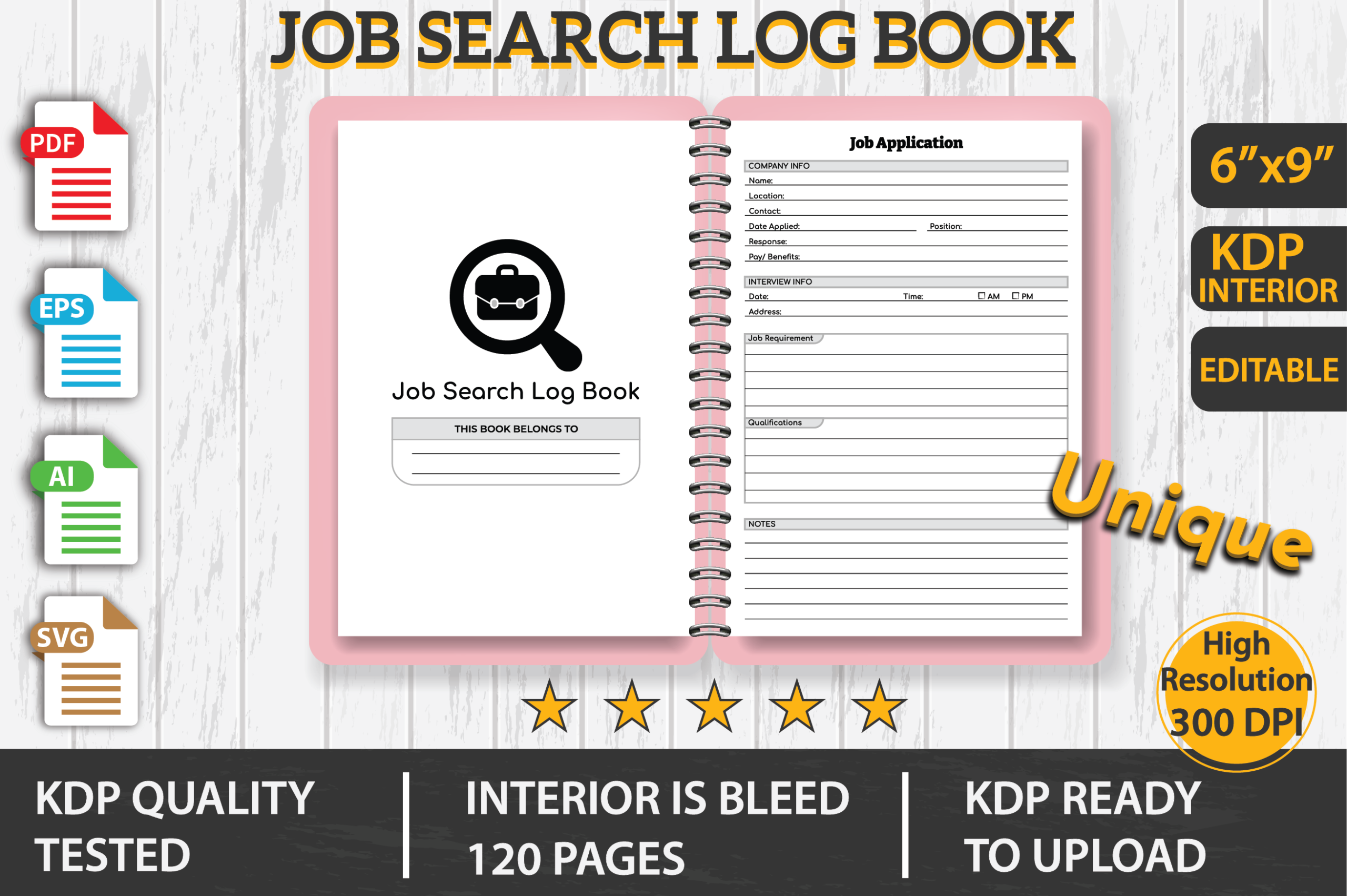 job application tracker templates: Compact Job Search Log Book with PDF and Vector Files original product preview