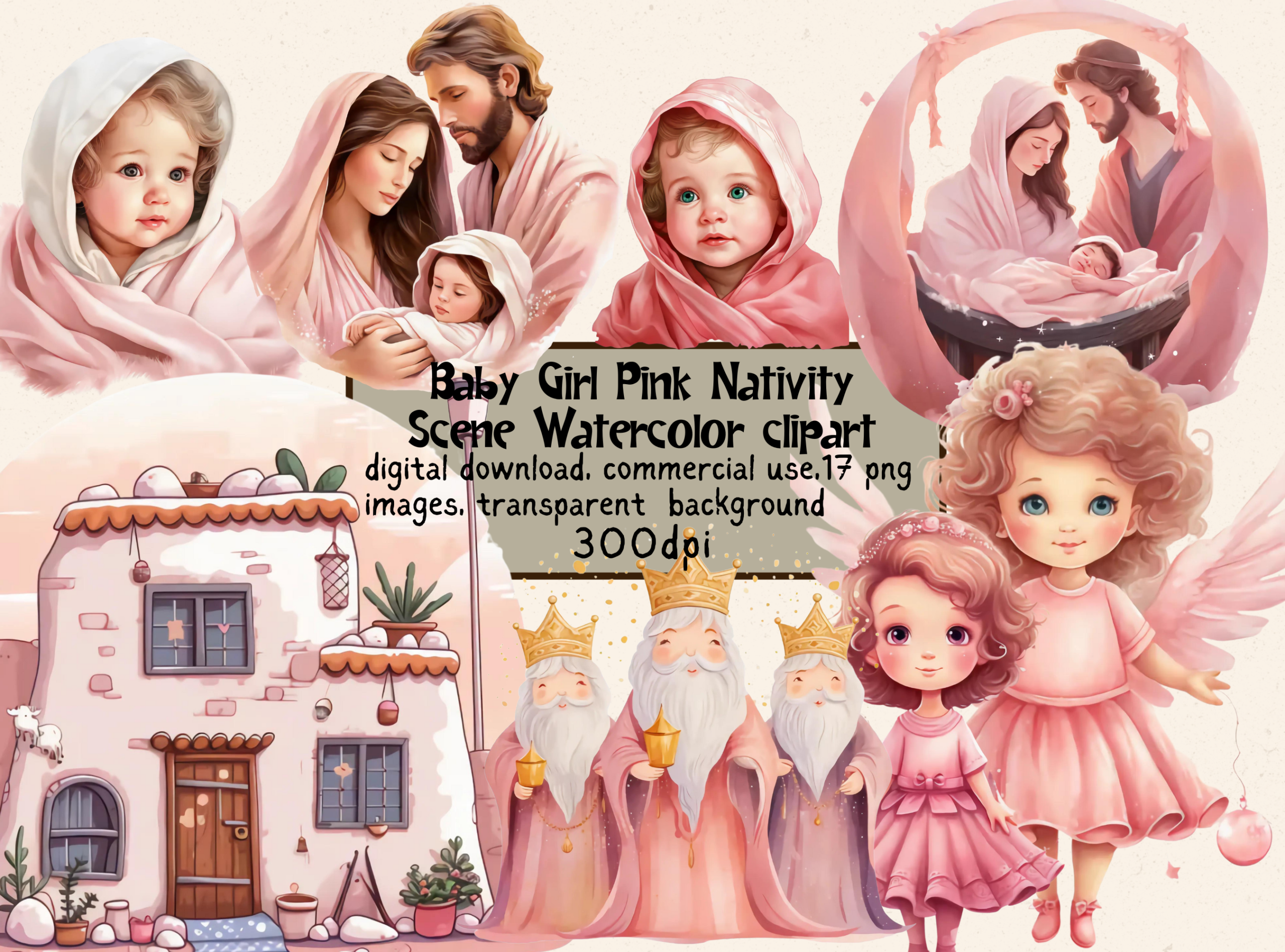 nativity stickers: Seventeen Pink Nativity Scene PNGs original product preview
