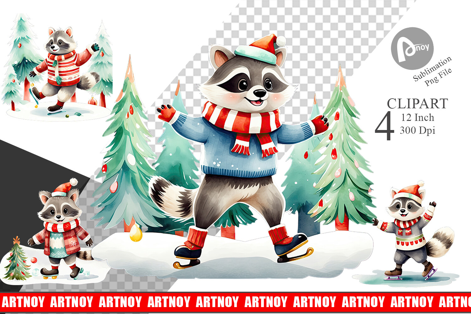 ice skating stickers: Four Raccoon Ice Skating Clipart Images original product preview