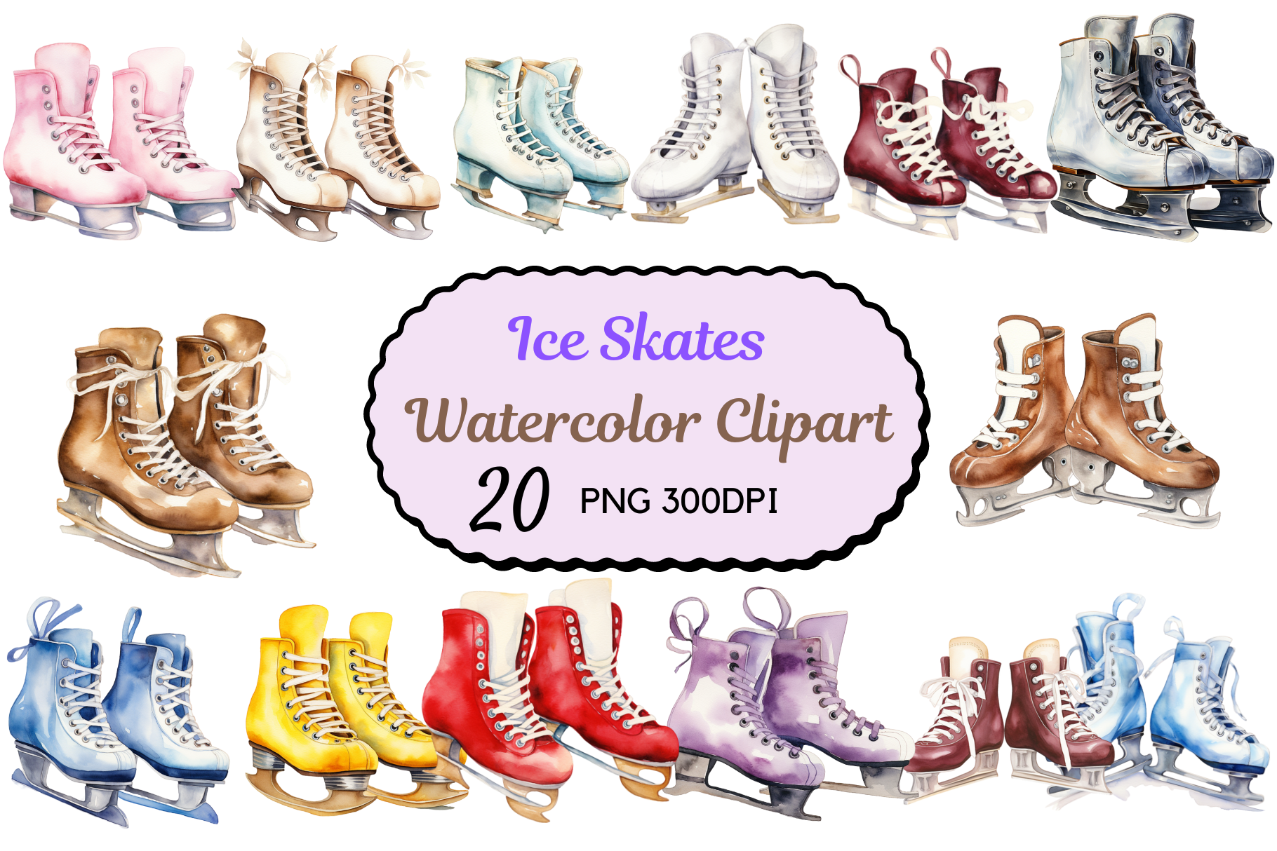 ice skating stickers: Twenty Watercolor Ice Skate PNGs original product preview