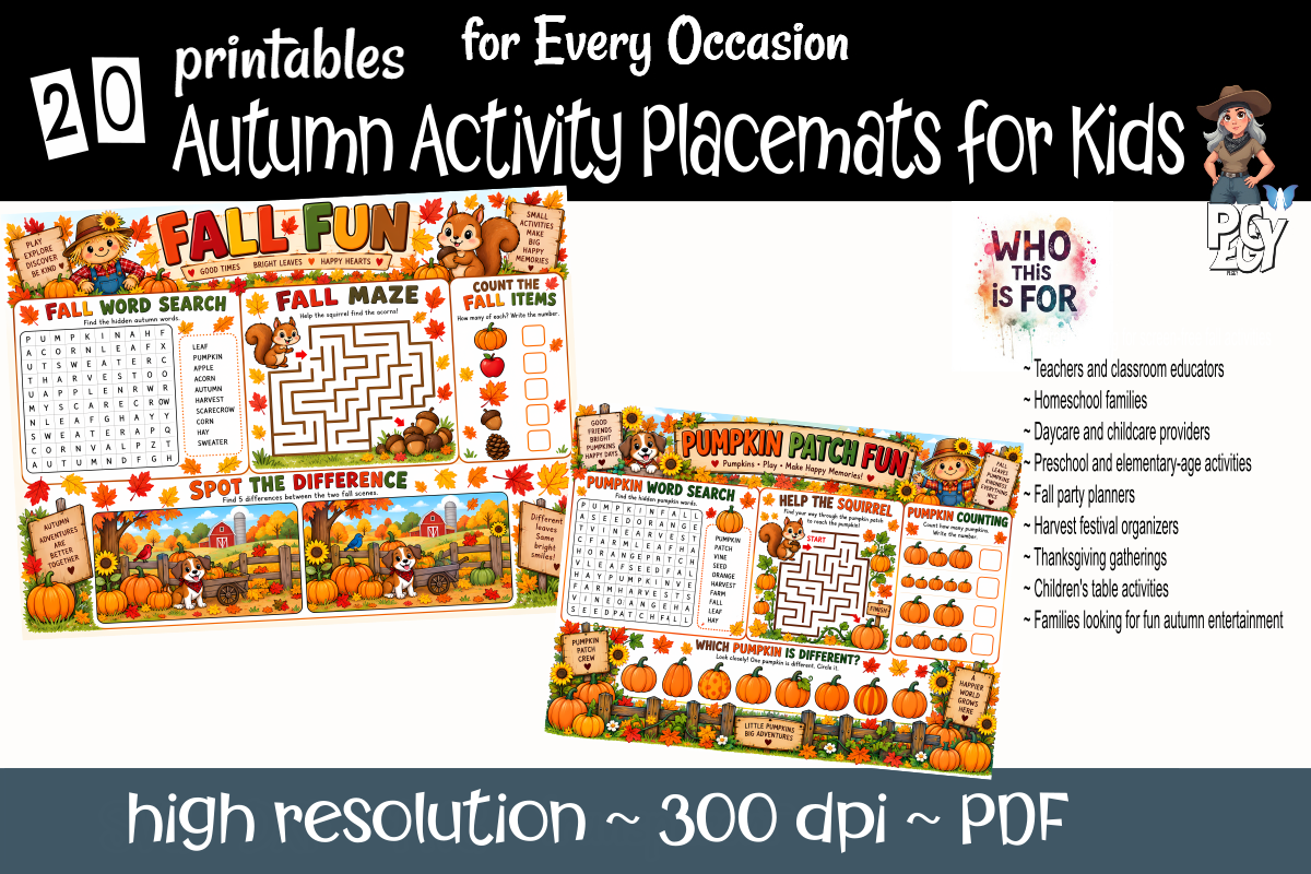 thanksgiving activity printables: Twenty Autumn Activity Placemats for a Mixed Children's Table original product preview