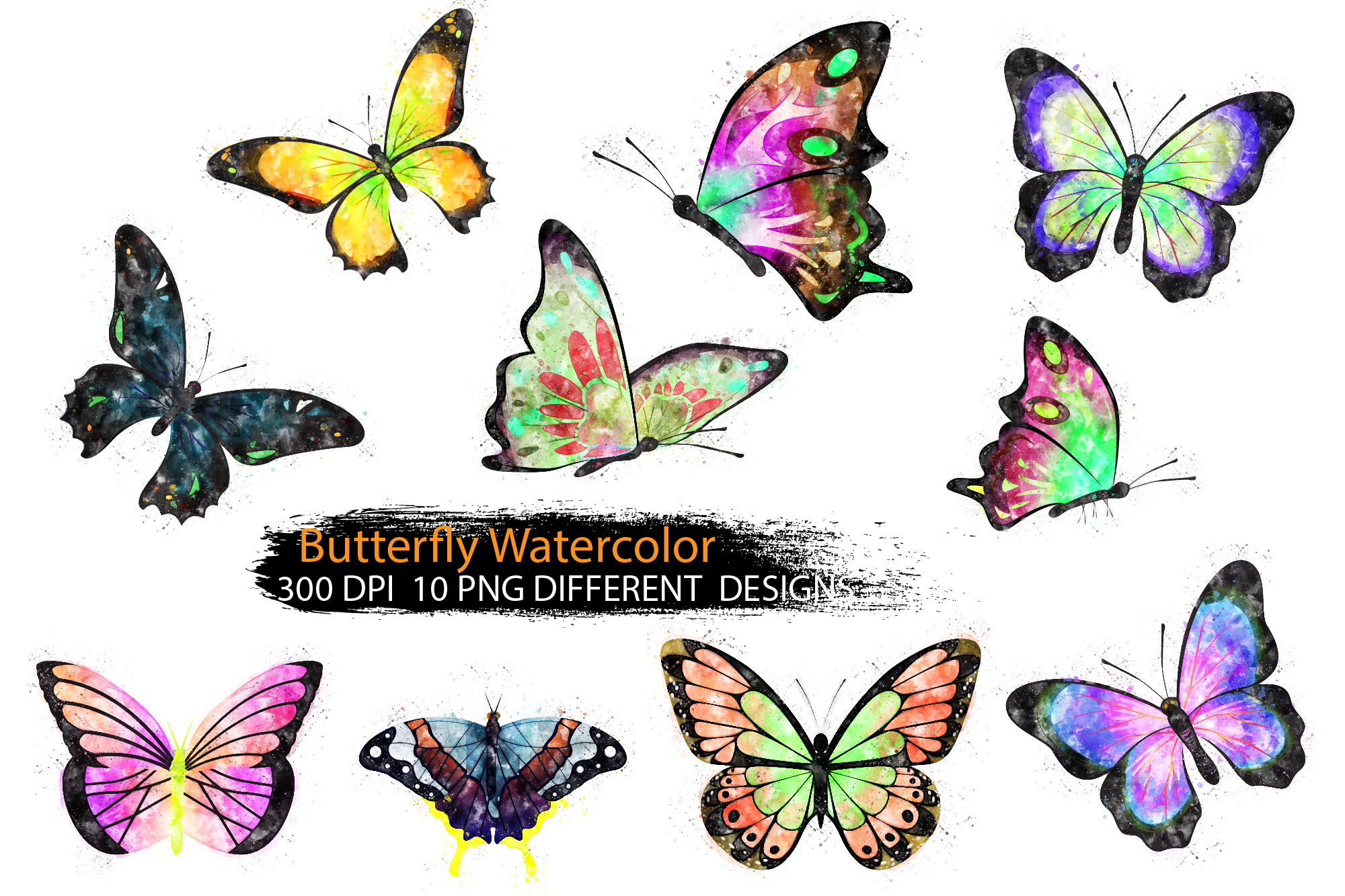 butterfly stickers: Ten Watercolor Butterfly PNGs in a Compact Clipart Pack original product preview