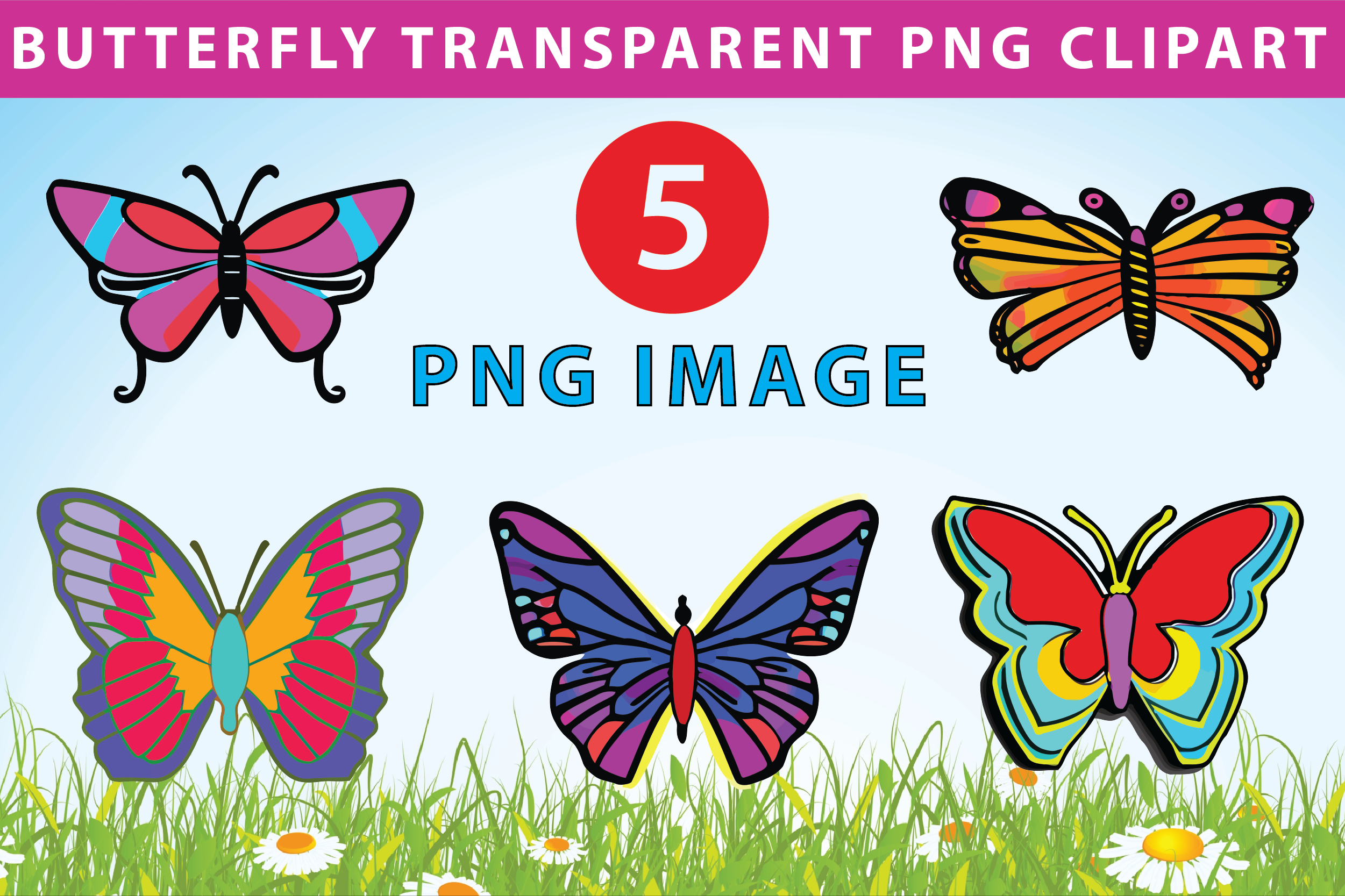 butterfly stickers: Five Large-Canvas Butterfly PNG Illustrations original product preview
