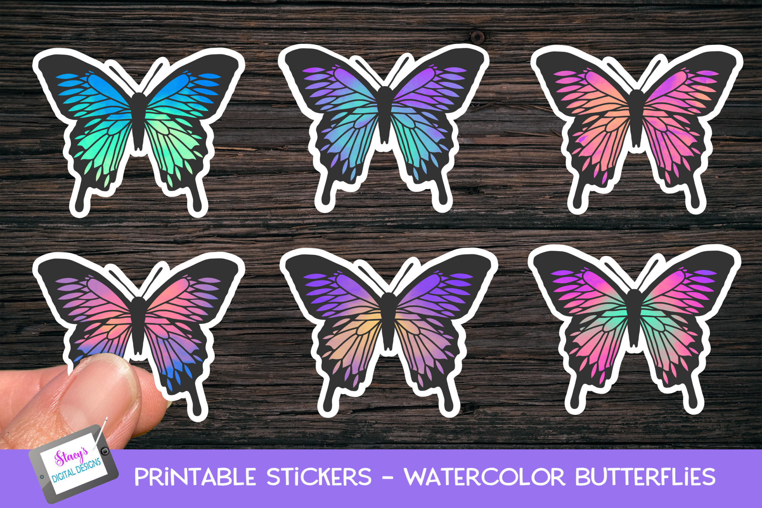 butterfly stickers: Six Watercolor Butterfly Sticker PNGs original product preview