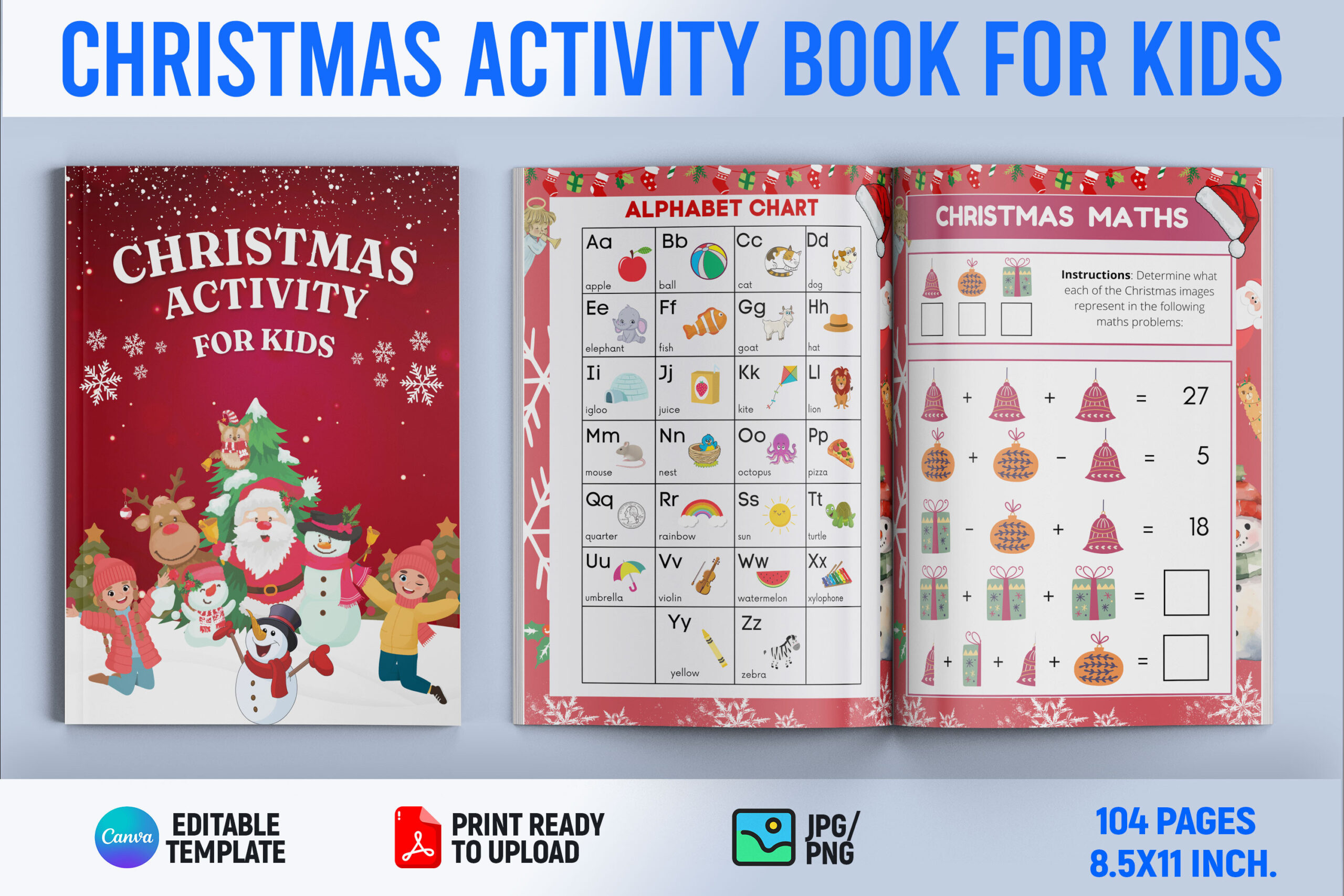 christmas activity books: Editable Canva Christmas Activity Book with Words and Numbers original product preview