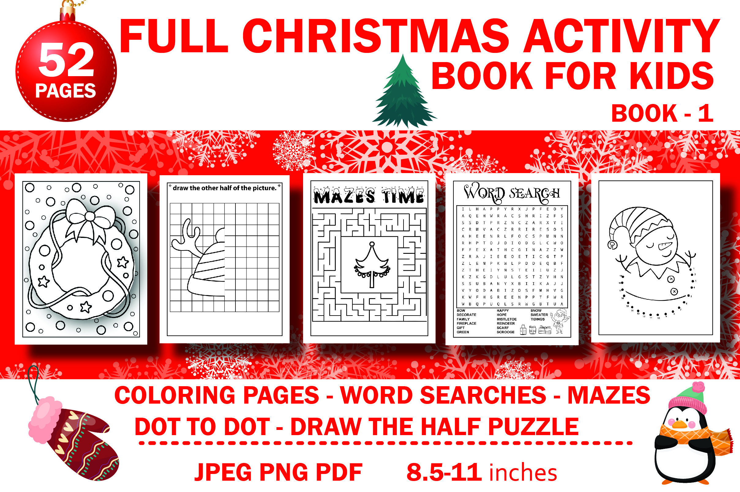 christmas activity books: Fifty-Two-Page Christmas Activity PDF with Image Versions original product preview