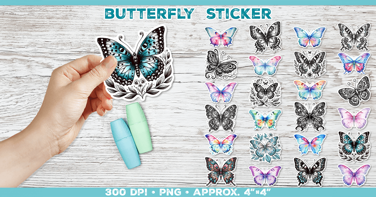 butterfly stickers: Twenty-Four Graphic Butterfly PNGs with Premade Sheets original product preview