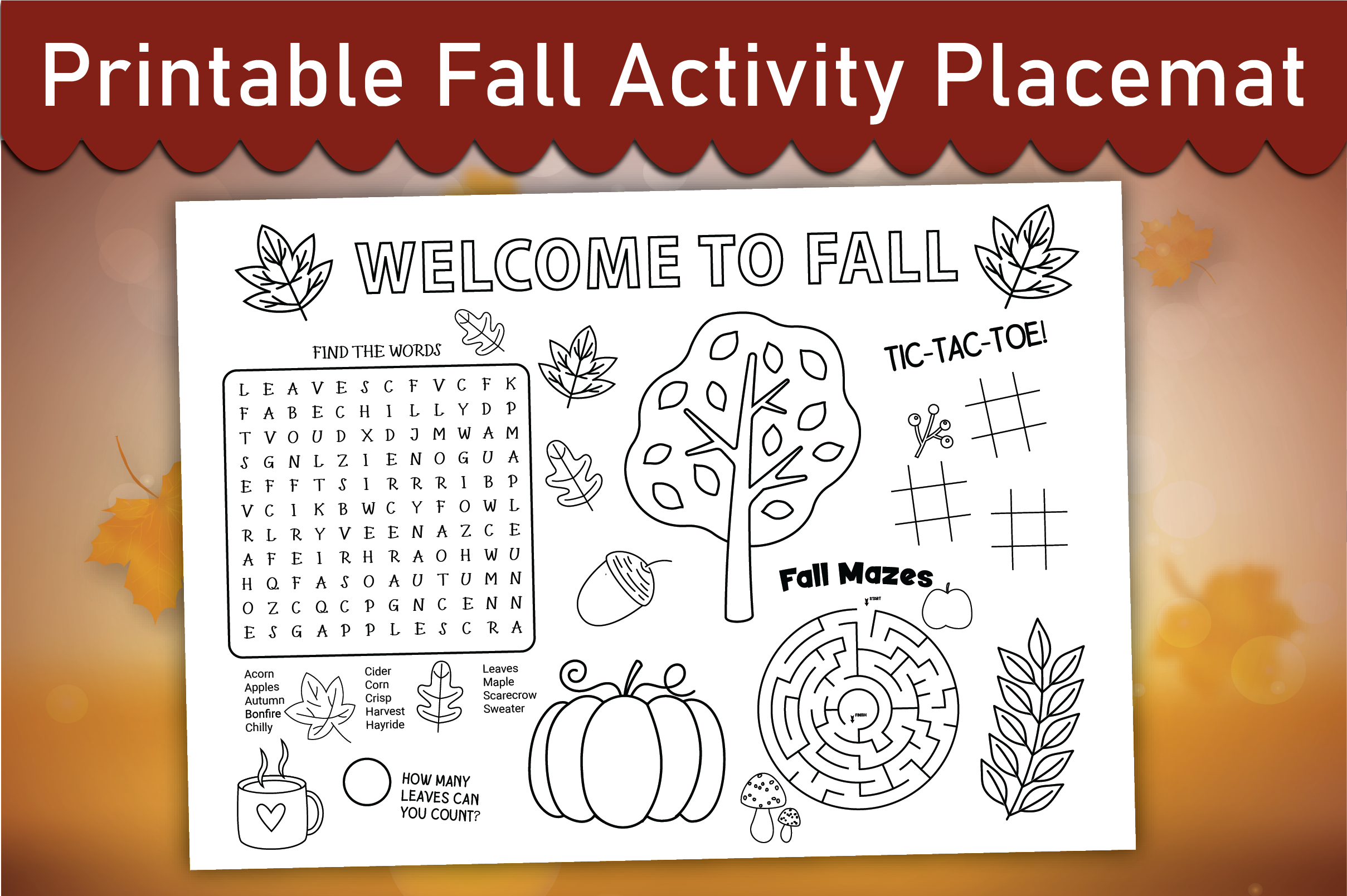thanksgiving activity printables: Fall Activity Placemat with Mazes and Word Searches original product preview