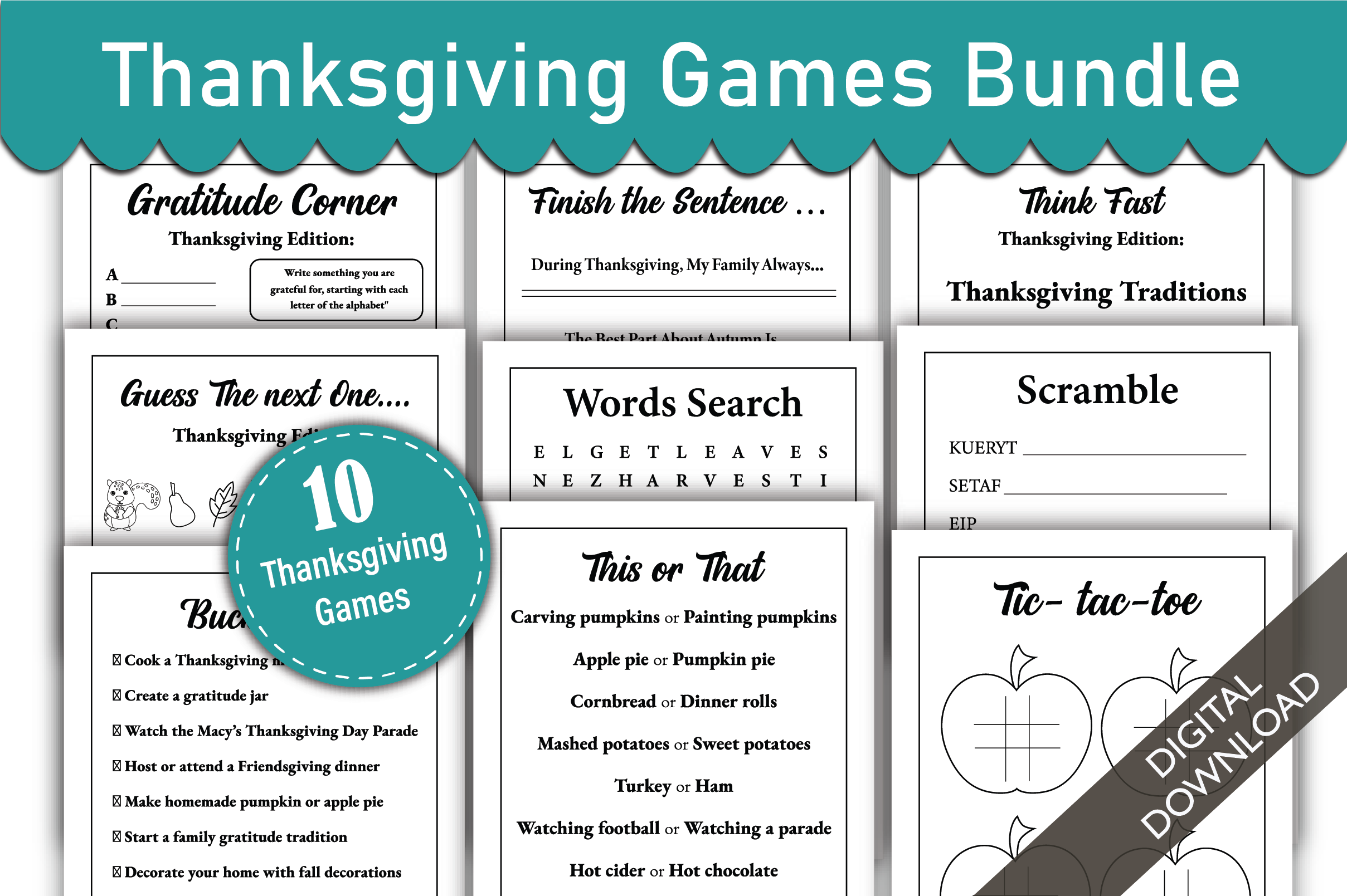 thanksgiving activity printables: Thanksgiving Games Collection for a Family Gathering original product preview